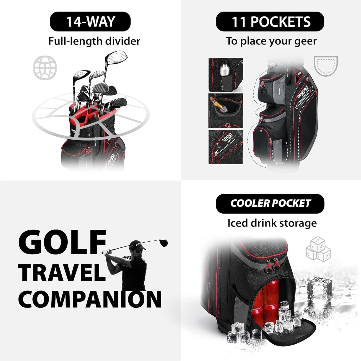 Gogogo Sport Vpro Golf Cart Bag, 14 Way Top Full Length Divider, Golf Club Bag with Cooler, Rainhood, 11 Pockets