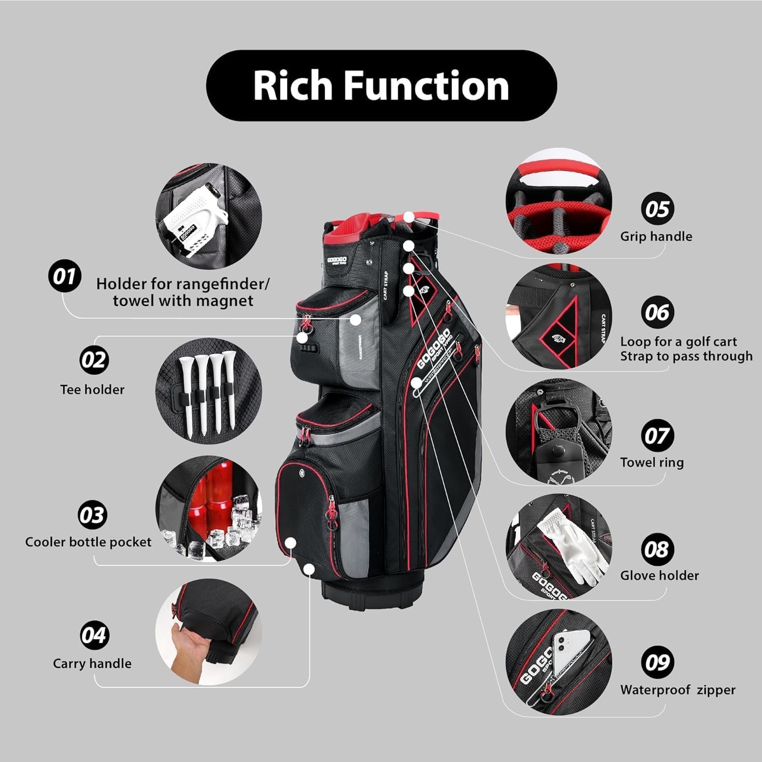 Gogogo Sport Vpro Golf Cart Bag, 14 Way Top Full Length Divider, Golf Club Bag with Cooler, Rainhood, 11 Pockets