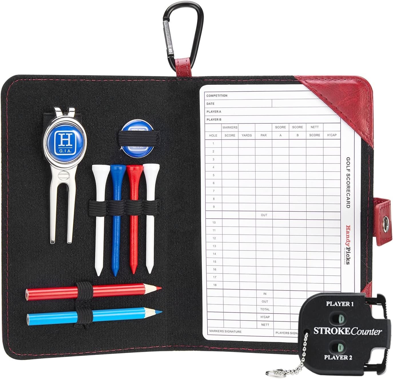 Handy Picks Golf Scorecard Holder n Yardage Book Cover - Divot Repair Tool, Ball Marker, Golf Tees, Scorer, Pencil n Scorecards Included - Gift for Golfers