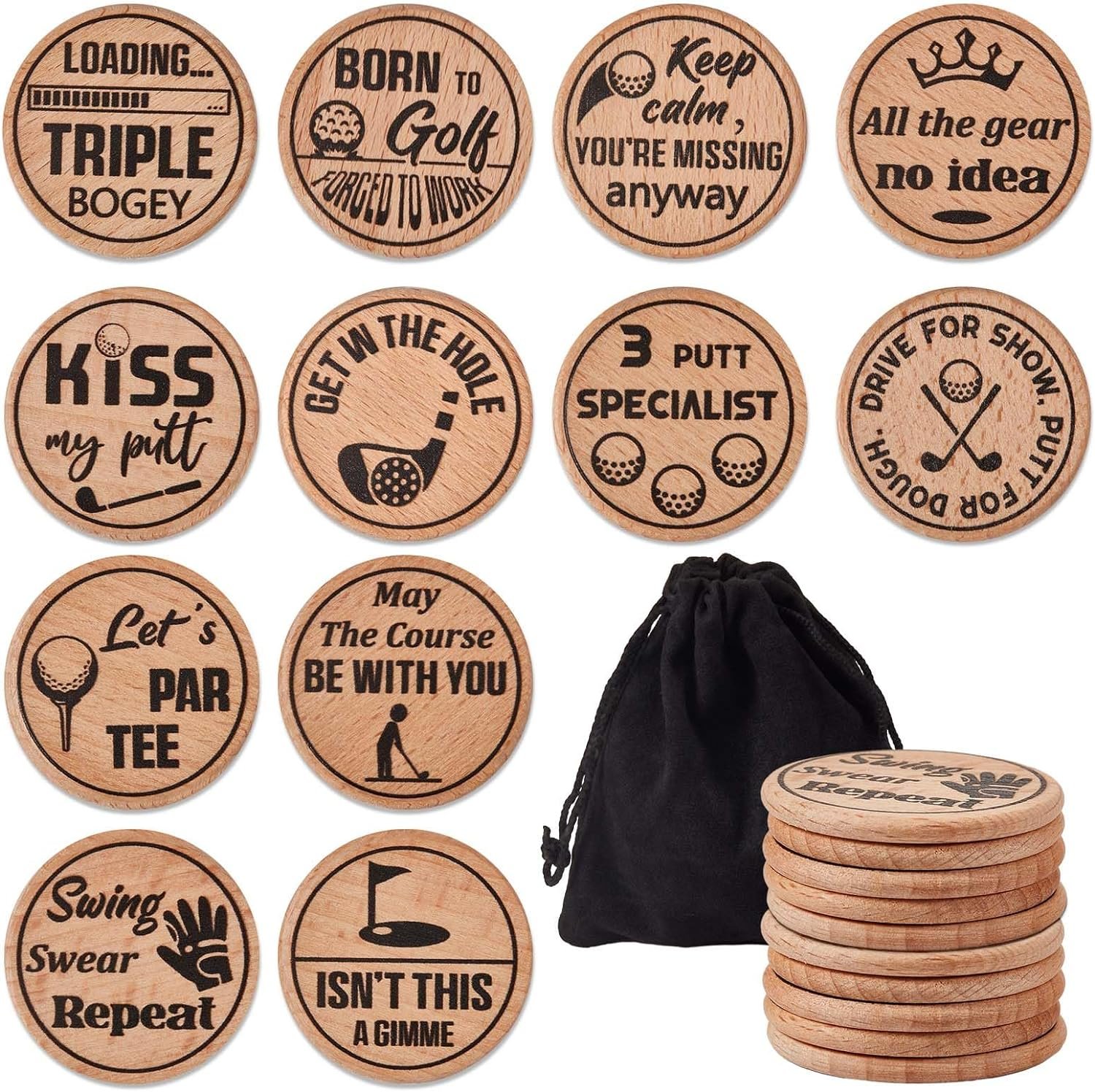 Namalu 12 Pieces Funny Golf Ball Markers Wooden Engraved Golf Markers for the Putting Green Wood Golf Tags Novelty Golf Gift for a Bad Putter Joke Golf Accessories for Men on Fathers Day Christmas