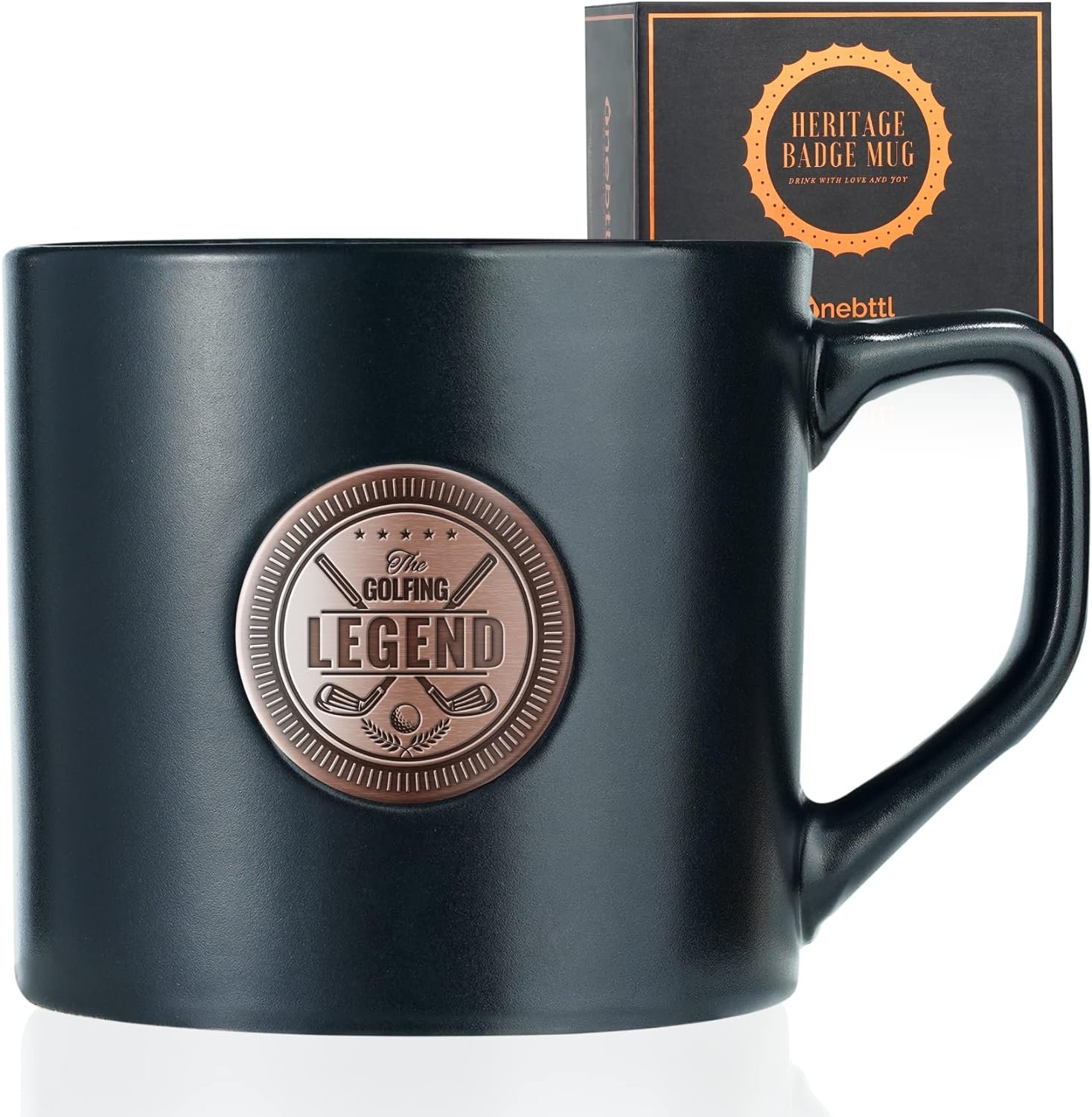 Onebttl Golf Gifts for Men, 450ml Black Ceramic Coffee Mug with a Metal Engraved Badge, Golf Dad Gifts on Fathers Day, Golf Gifts for Dad, Mom, Boss, Coworks, Gift Box Included - The Golfing Legend