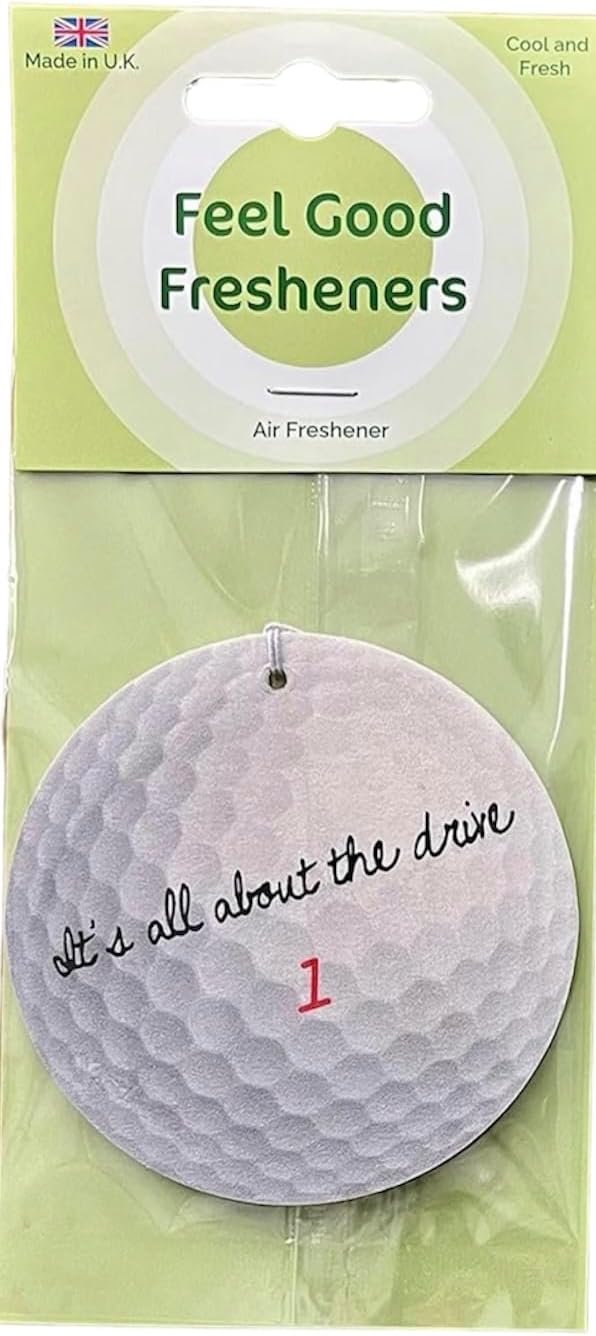 Round Golf Lovers Air Freshener - Fun Message and Golf Ball Design - Unique Birthday Gift for Him/Her - Made in UK (1)