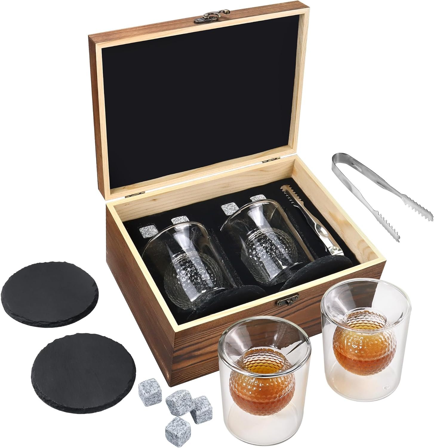 Whiskey Glasses Set of 2, Whiskey Stones, Embedded Golf Ball Shape Rum Golf Glass, Whisky Glasses and Rocks Chilling Stones in Value Wooden Box Gifts for Dad, Husband, Golf Gifts for Mens Golfers