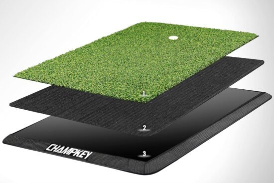 champkey premium synthetic turf golf hitting mat heavy duty rubber base golf practice mat come with 1 rubber tee and 9 p 2