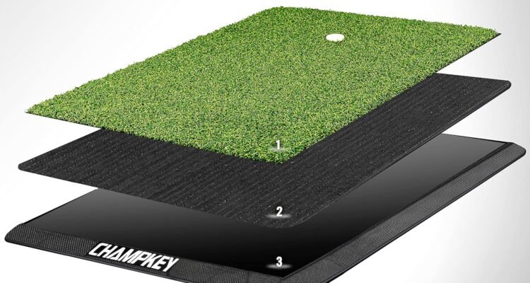 champkey premium synthetic turf golf hitting mat heavy duty rubber base golf practice mat come with 1 rubber tee and 9 p 2