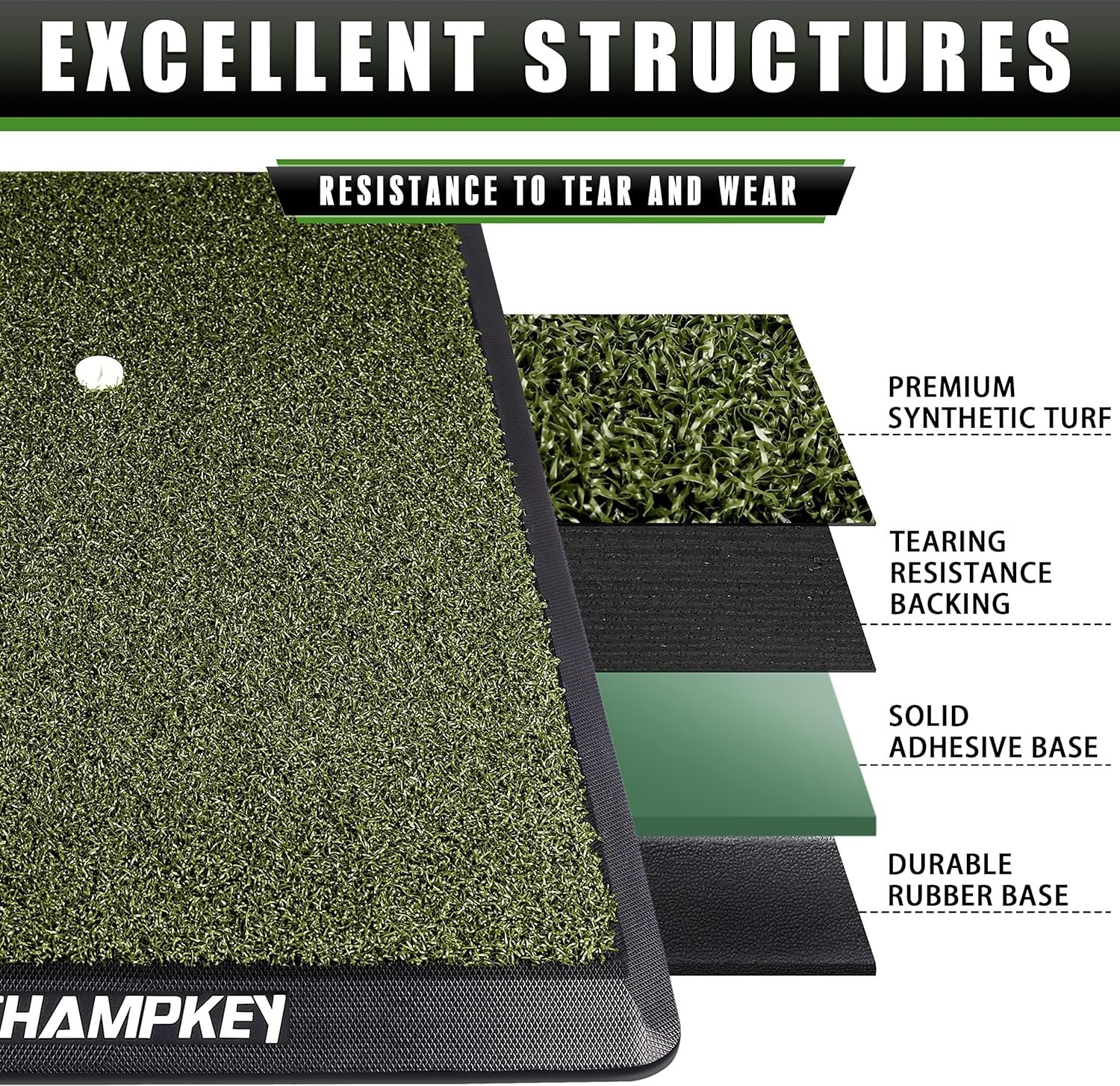 CHAMPKEY Premium Synthetic Turf PRO Golf Hitting Mat | Heavy Duty Rubber Base Golf Practice Mat | Come with 1 Rubber Tee and 9 Plastic Tees