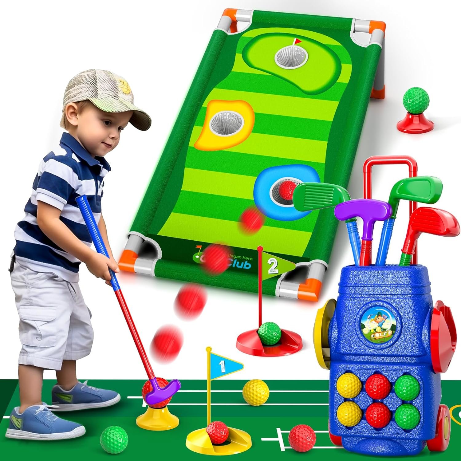 Doloowee Kids Golf Clubs, Toddler Golf Set with 6 Balls, 4 golf clubs, 1 Cornhole Board  Putting Mat, Kids Golf Set Mini Golf Set Toddler Toys Gift for 3 4 5 6 7 8 9Years Old Boys Girls