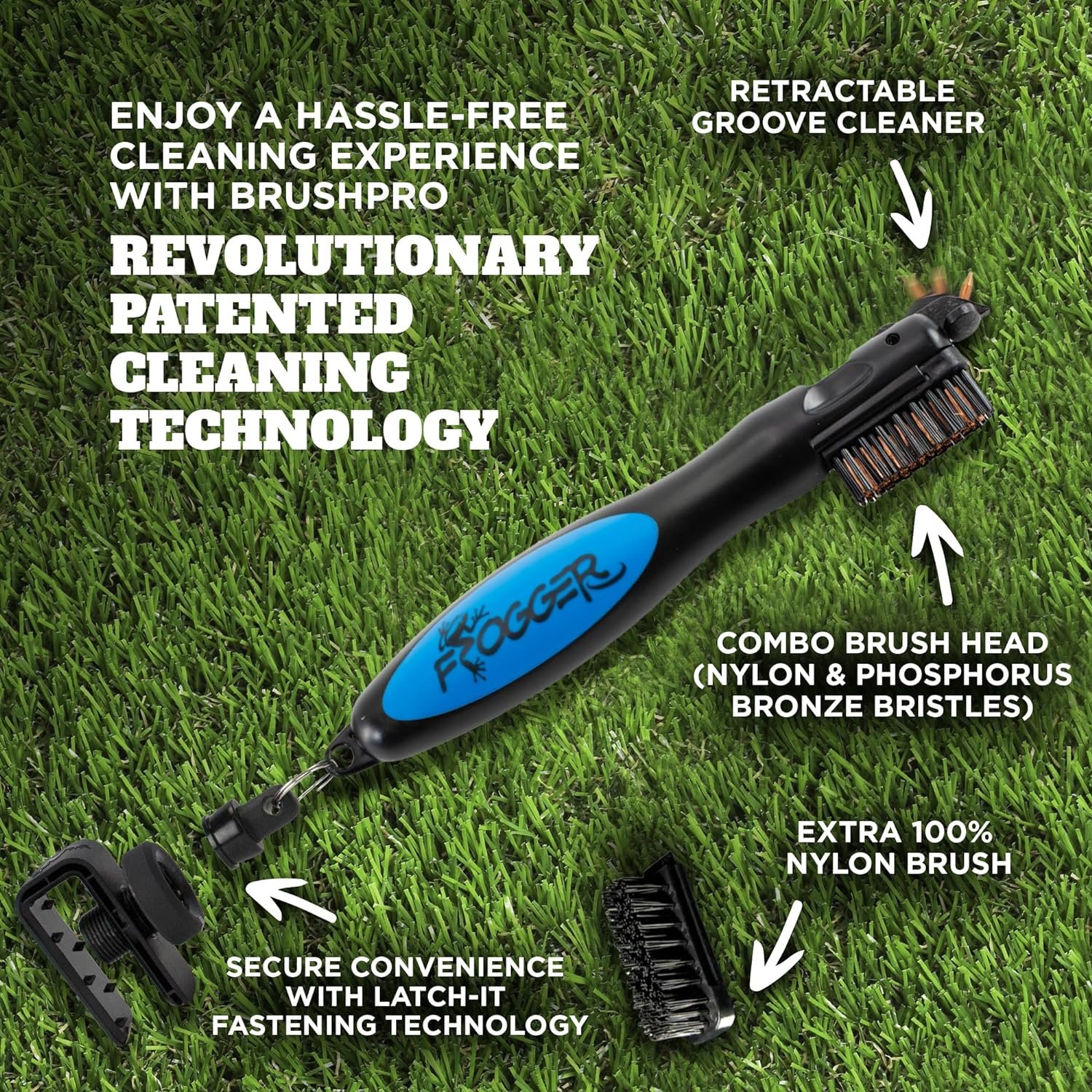 Frogger Golf BrushPro Latch-It Dual-Bristle Club Brush/Groove Cleaner