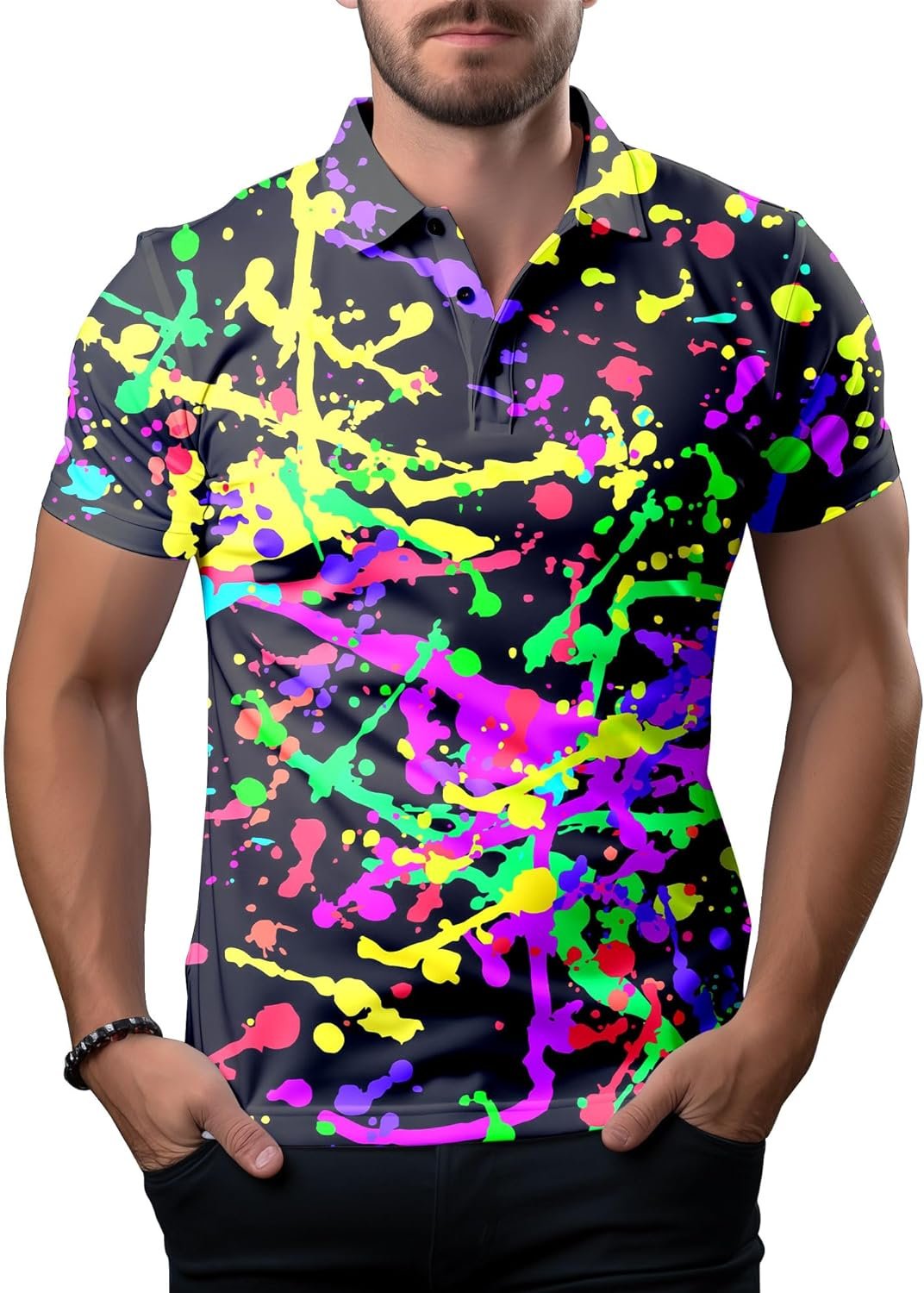 Funny Neon Splash Golf Shirts for Men Dry Fit Performance Moisture Wicking Mens Golf Gifts Collared Short Sleeve Shirt