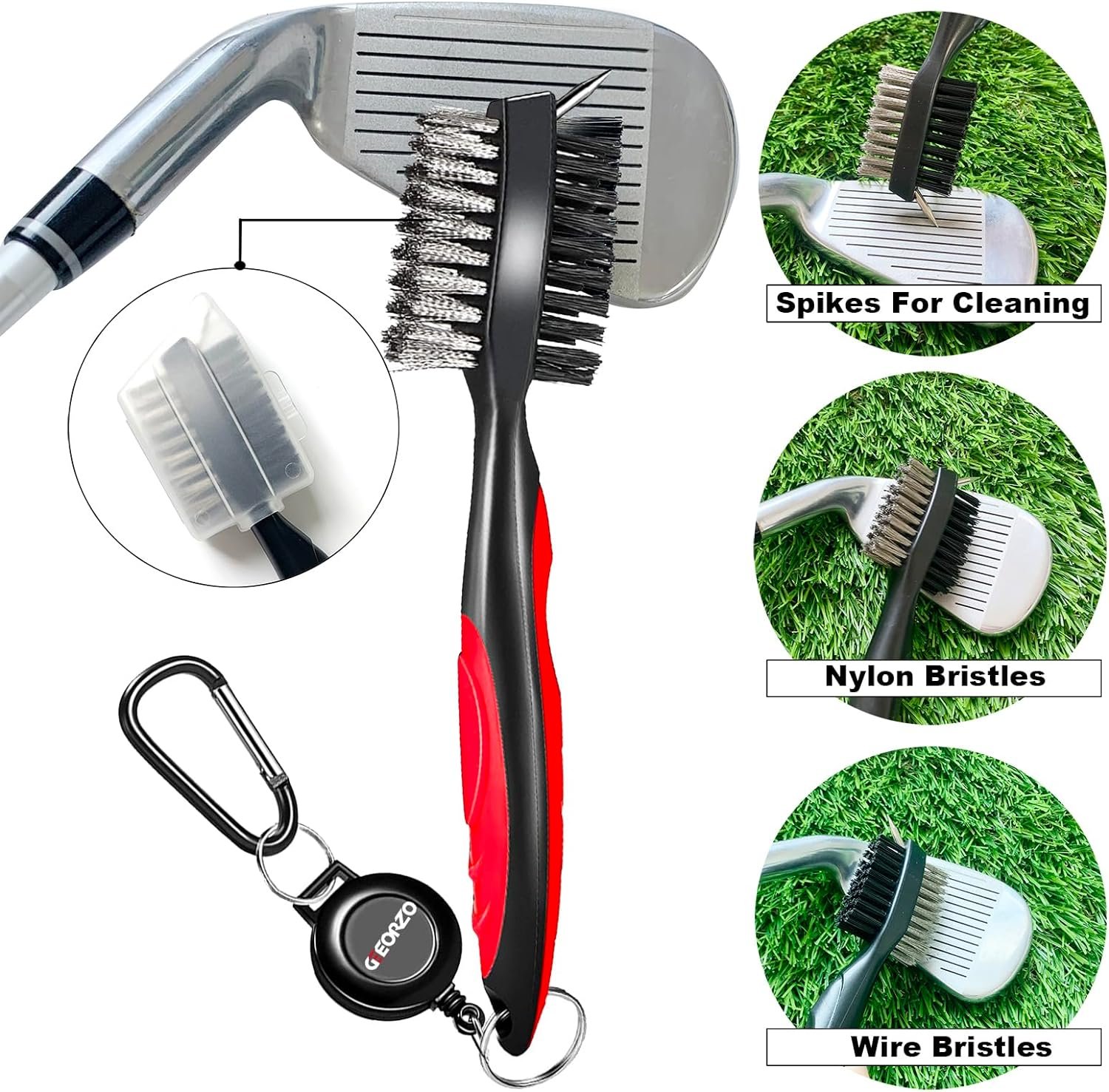 GEEORZO Golf Club Cleaner, Dual-Sided Retractable Golf Brush and Groove Cleaner with Carabiner, Golf Accessories for Men Golfer Gifts