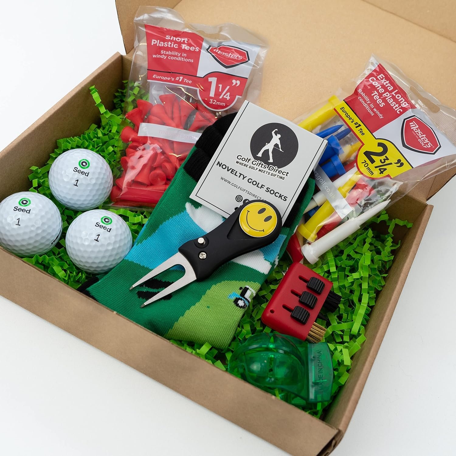 Golf Gifts For Men, The All Rounder Gift Box Suitable For All Golfers, Golf Balls, Novelty Socks, Ball Alignment Tool, 2 Bags of Tees, 3in1 Cleaning Tool, Divot Repair Tool, Smiley Face Ball Placer