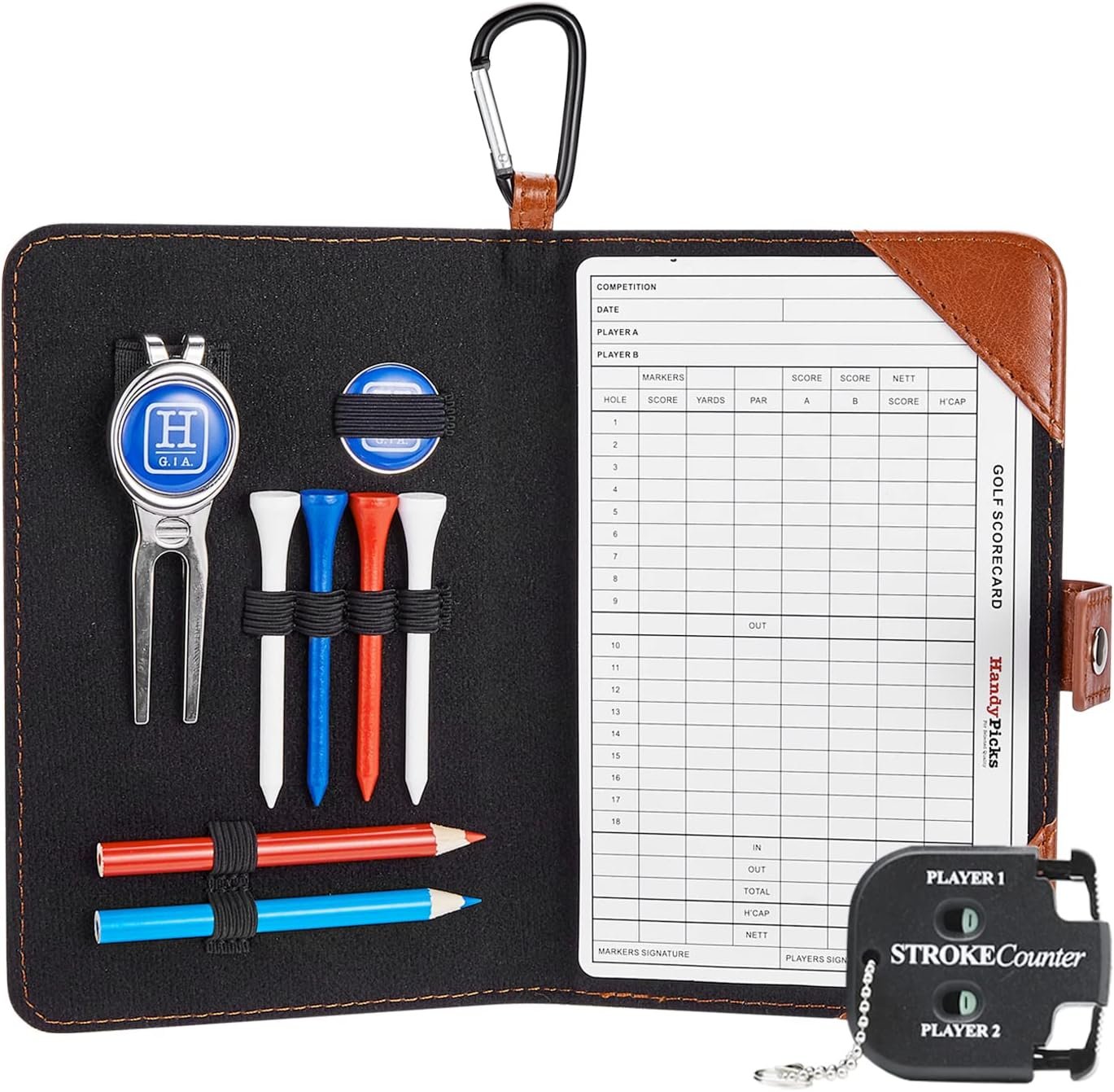 Handy Picks Golf Scorecard Holder n Yardage Book Cover - Divot Repair Tool, Ball Marker, Golf Tees, Scorer, Pencil n Scorecards Included - Gift for Golfers