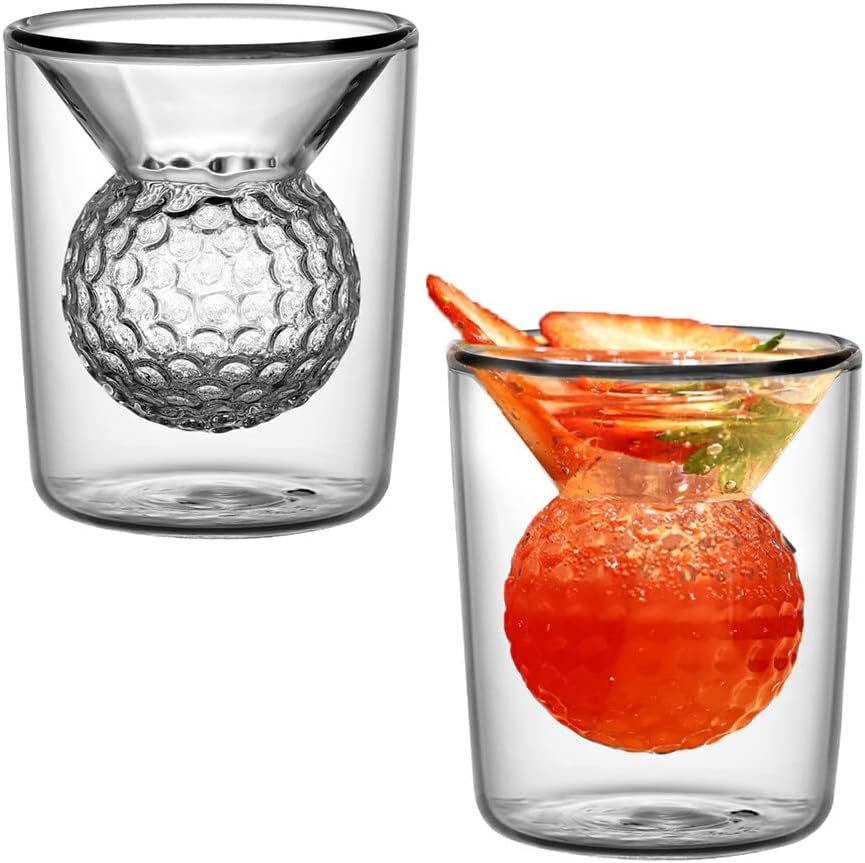 KUWUNG Funny Golf Gifts for Men, 2 Pack Crystal Whiskey Glasses, Double Glass Coffee Cups, Whiskey Glass with Golf Ball Shape Embedded Unique Rum Golf Glass, for Home Bar Party Game Birthday Office