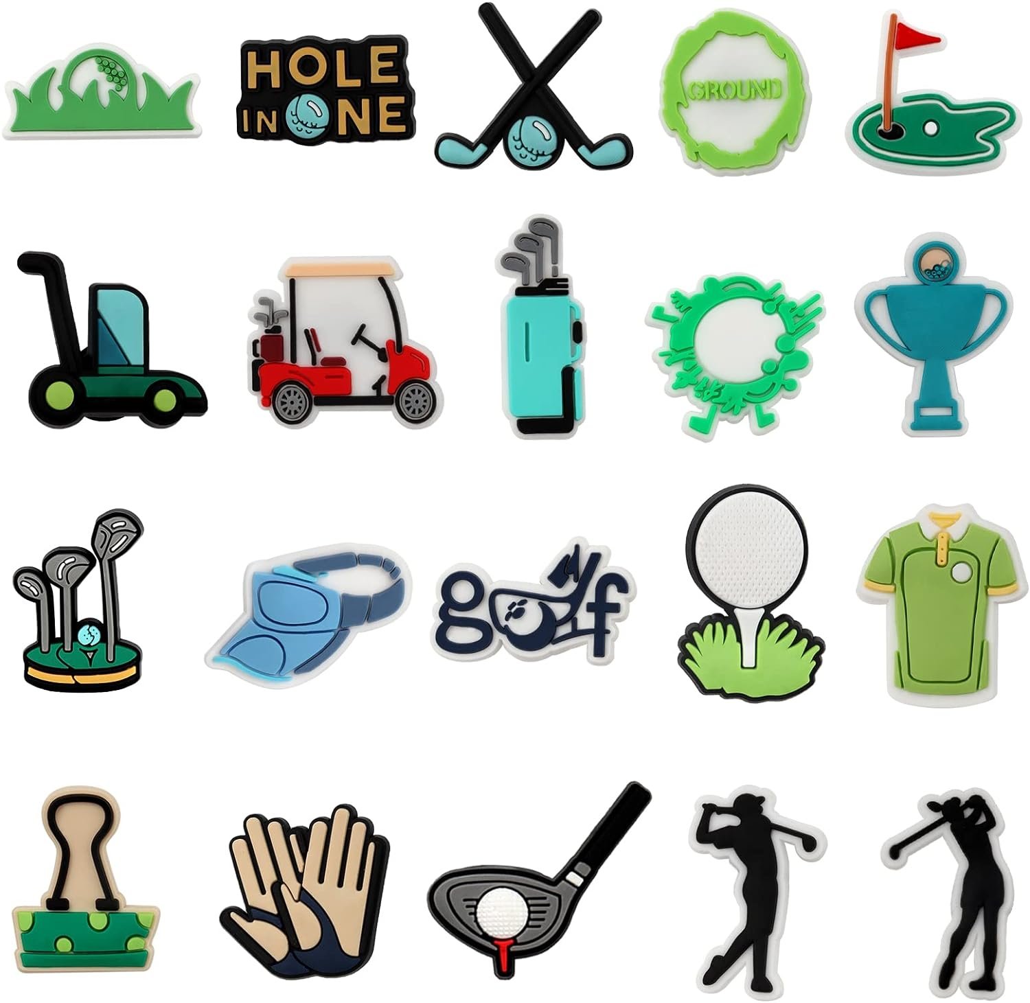 mortd Golf Theme Shoe Decoration Charms, 20PCS Golf Clubs Golf Ball Shoe Charms for Boys Kids Men Golfers Golf Lover, PVC Shoe Charm Accessories for Shoe Wristband Decorations Party Favors Gifts