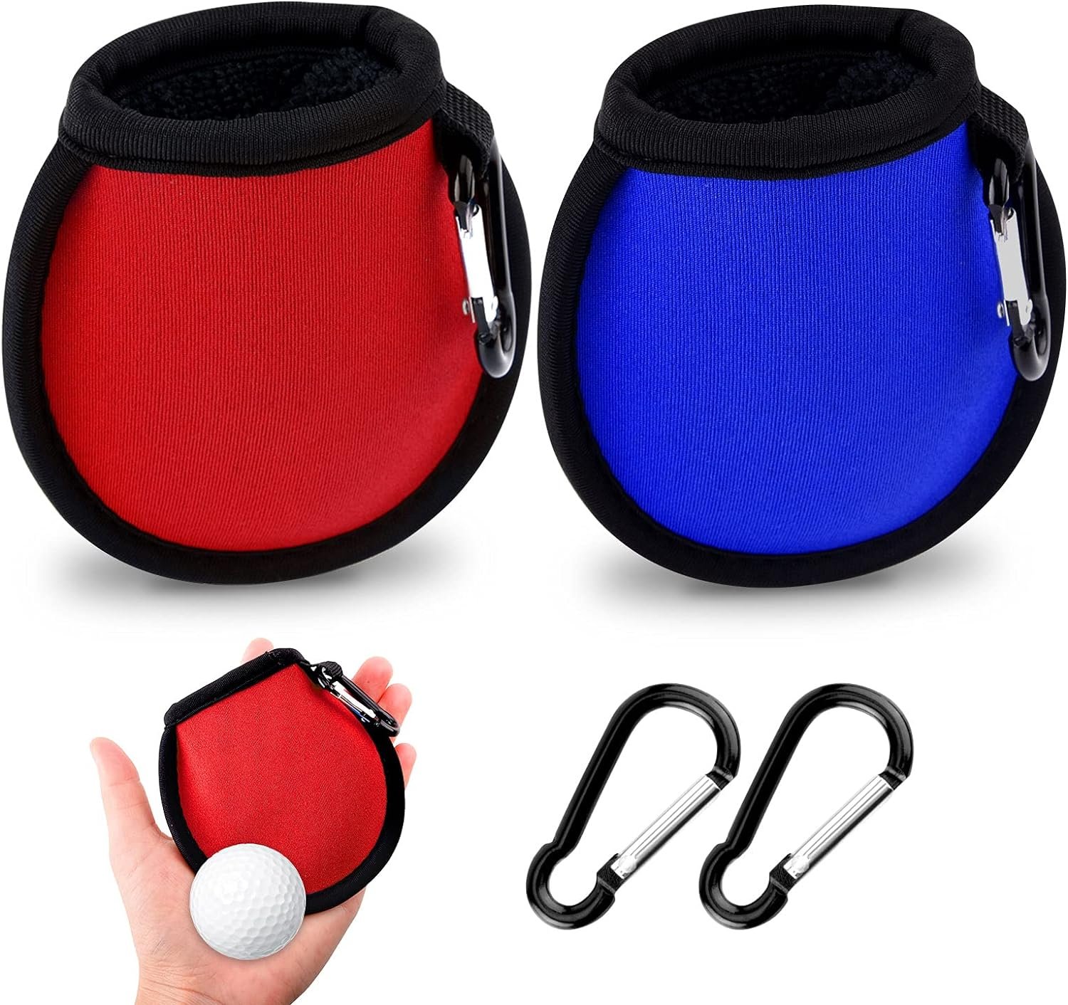 olyee 2 Pack Golf Ball Cleaner Pouch with Carabiner, Golf Accesorries Washer Pocket Waterproof Bag, Golf Ball Dry-Clean Pocket gifts for Men Ladies, Fit for Golf Carts Belt Golf Bag(Red+Blue)