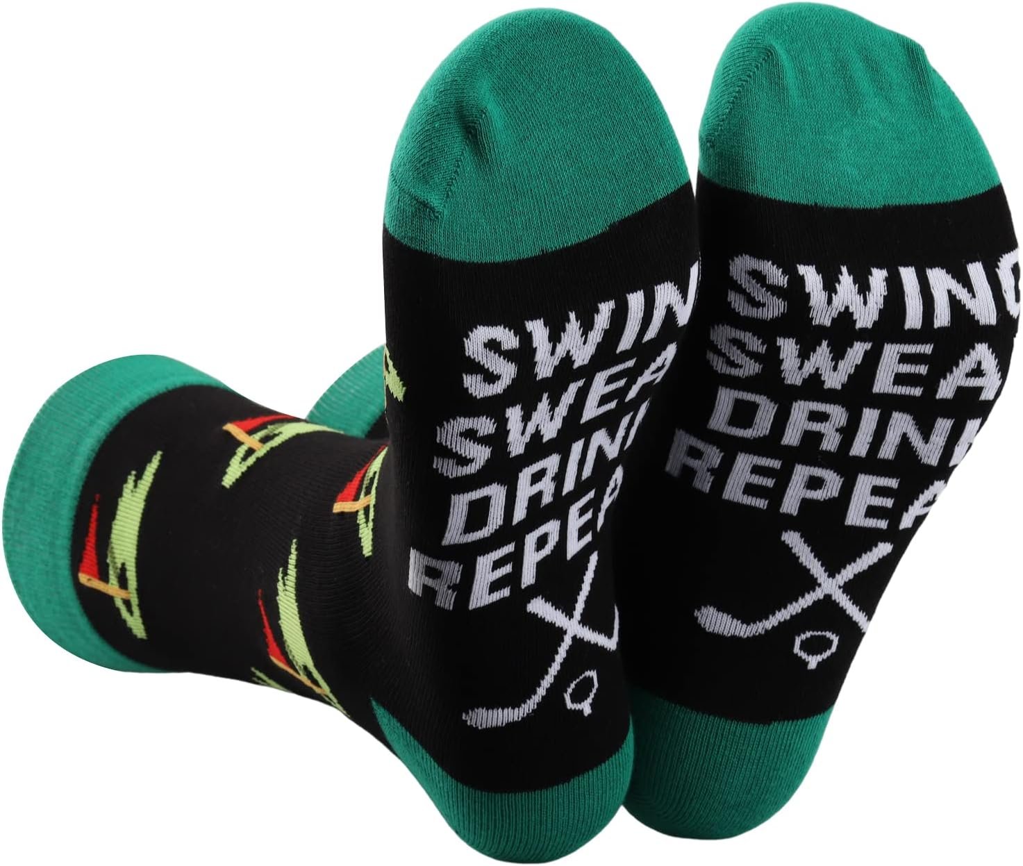 PLITI Funny Golf Socks For Men Women Swing Swear Drink Repeat 2 Pairs Golfing Novelty Socks Golfer Golf Team Gift