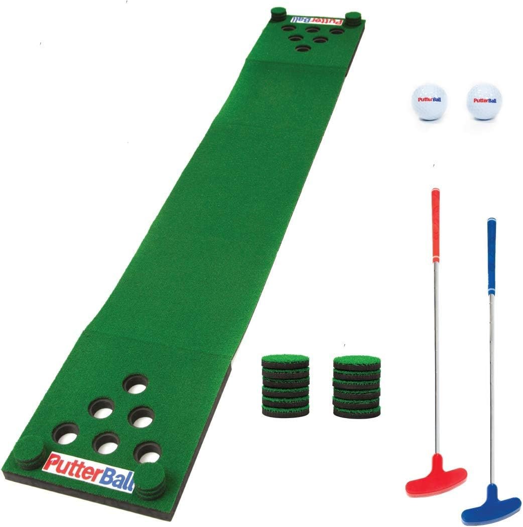 PutterBall Golf Pong Game Set The Original - Includes 2 Putters, 2 Golf Balls, Green Putting Pong Golf Mat  Golf Hole Covers - Best Backyard Party Golf Game Set