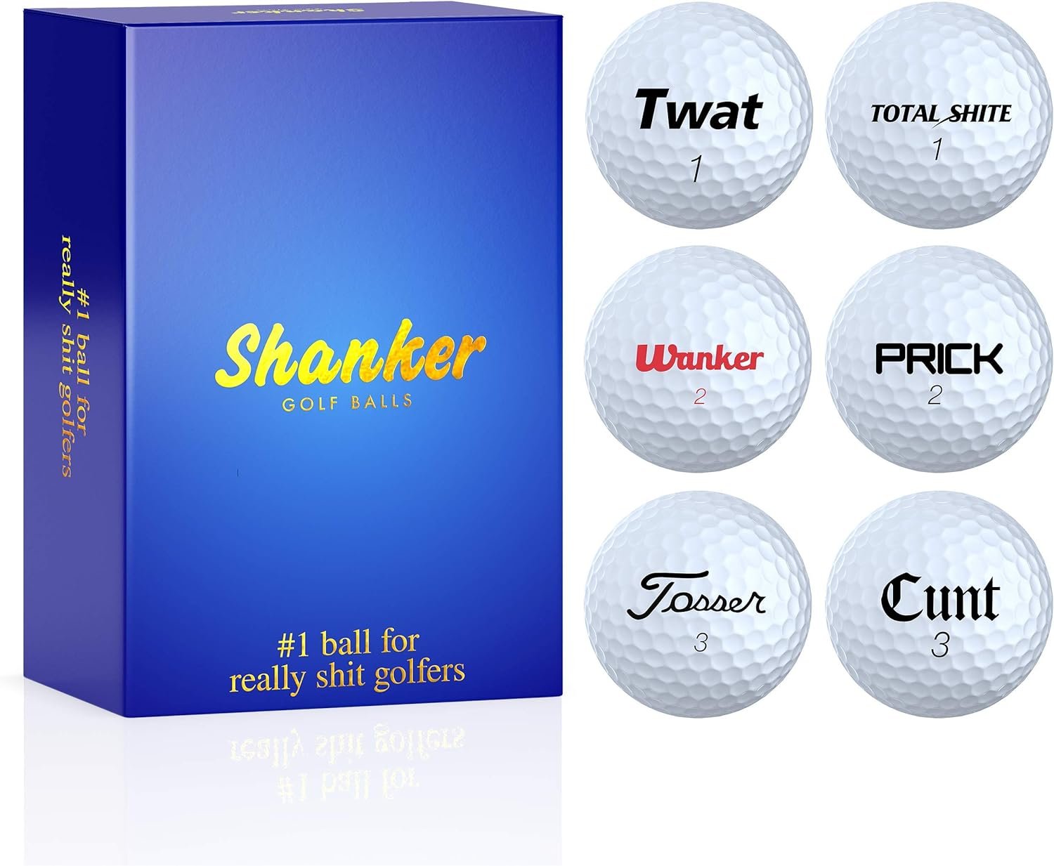 Shanker Golf Balls Hero Edition - Rude Horrible Balls - Funny Joke Gift for Golfers (Set of 6, Novelty, Playing Quality) - Gold Stamped Gift Box