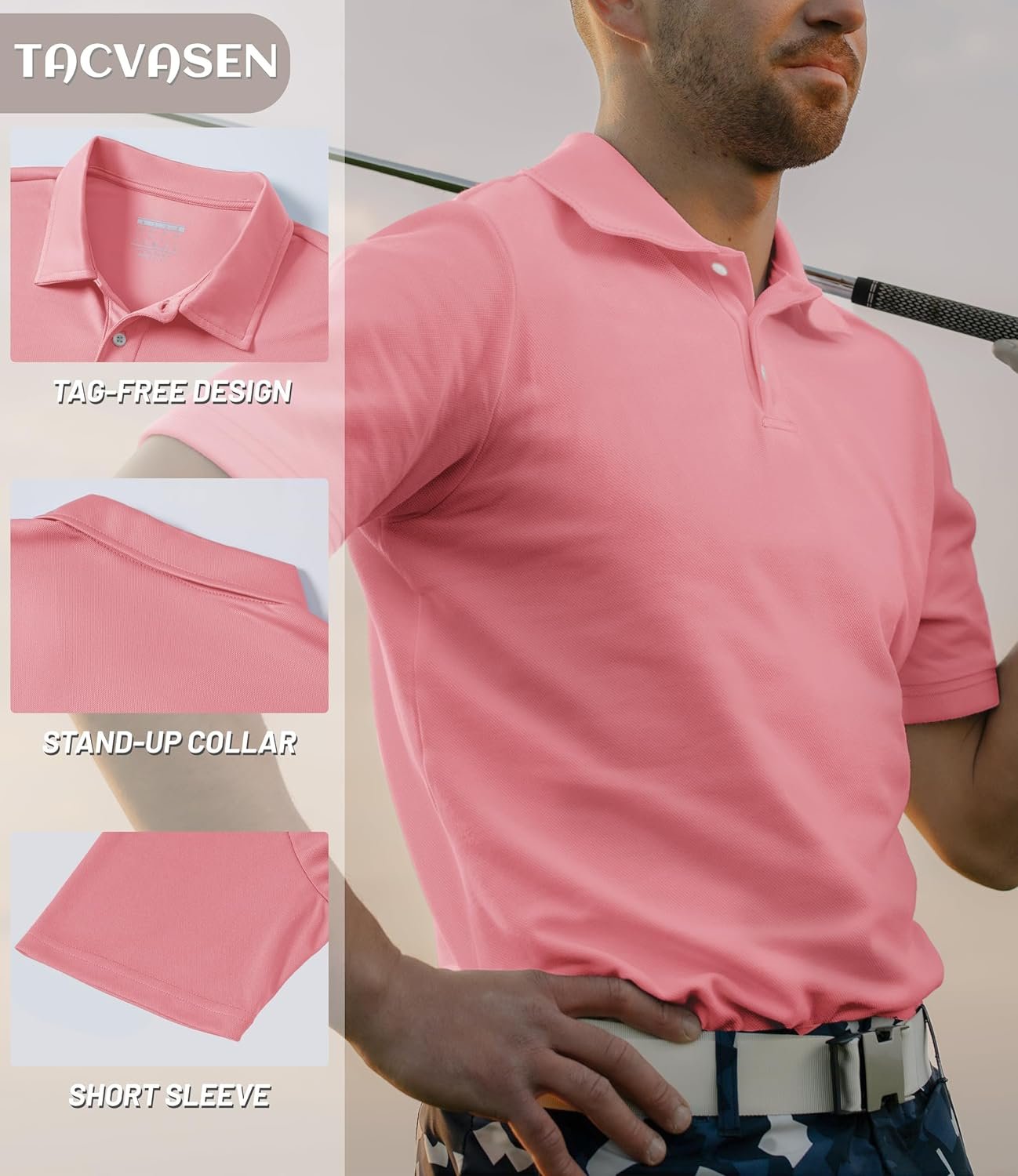 TACVASEN Mens Breathable Polo Shirts Quick Dry Casual Work Golf Shirt with Button