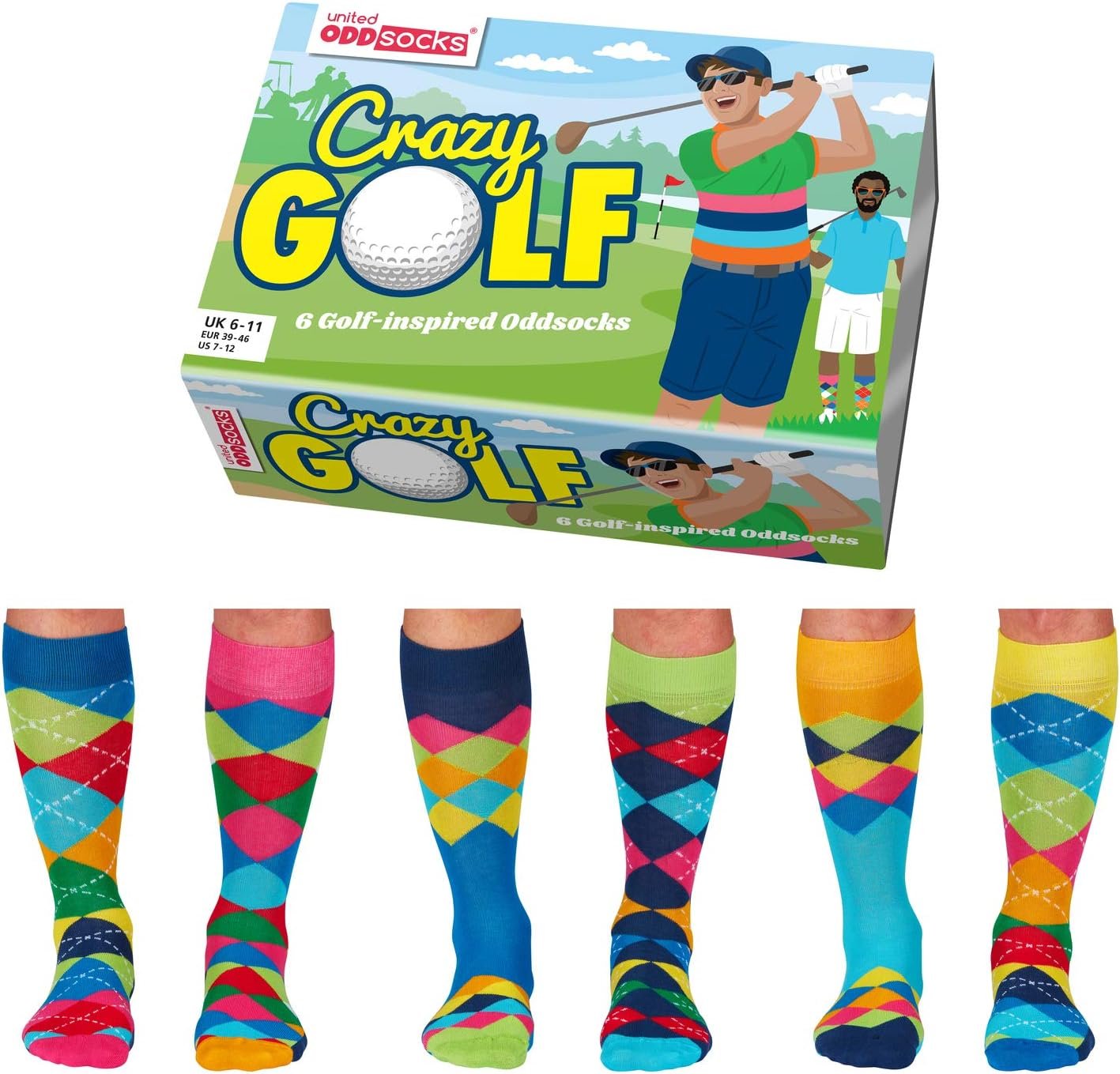 United Oddsocks Crazy Golf - Box of 6 Mens Oddsocks UK 6-11 EUR 39-46 US 7-12