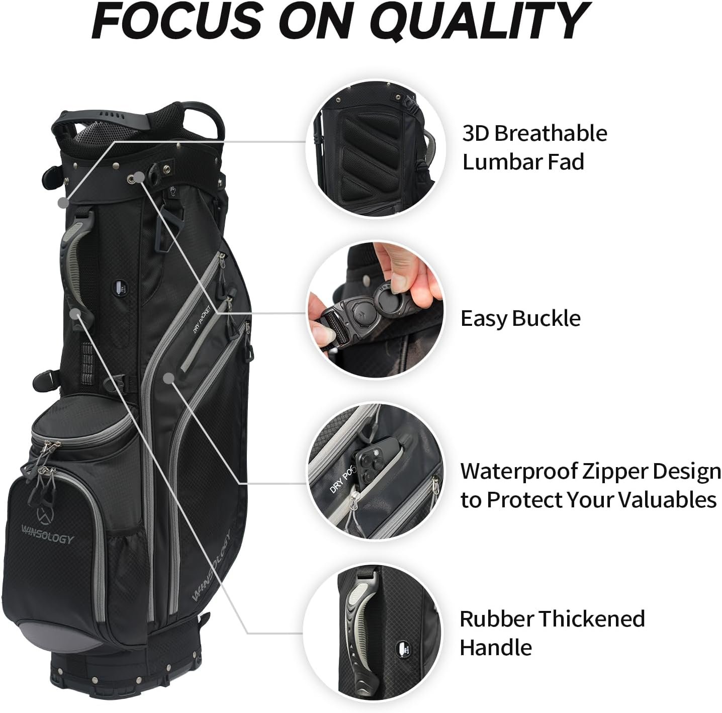 Winsology Golf Pro Stand Bag, Professional 14 Way Individual Full Length Divider Golf Club Bag with 10 Pockets, Cooler Pouch, Breathable Lumbar Pads for Men  Women