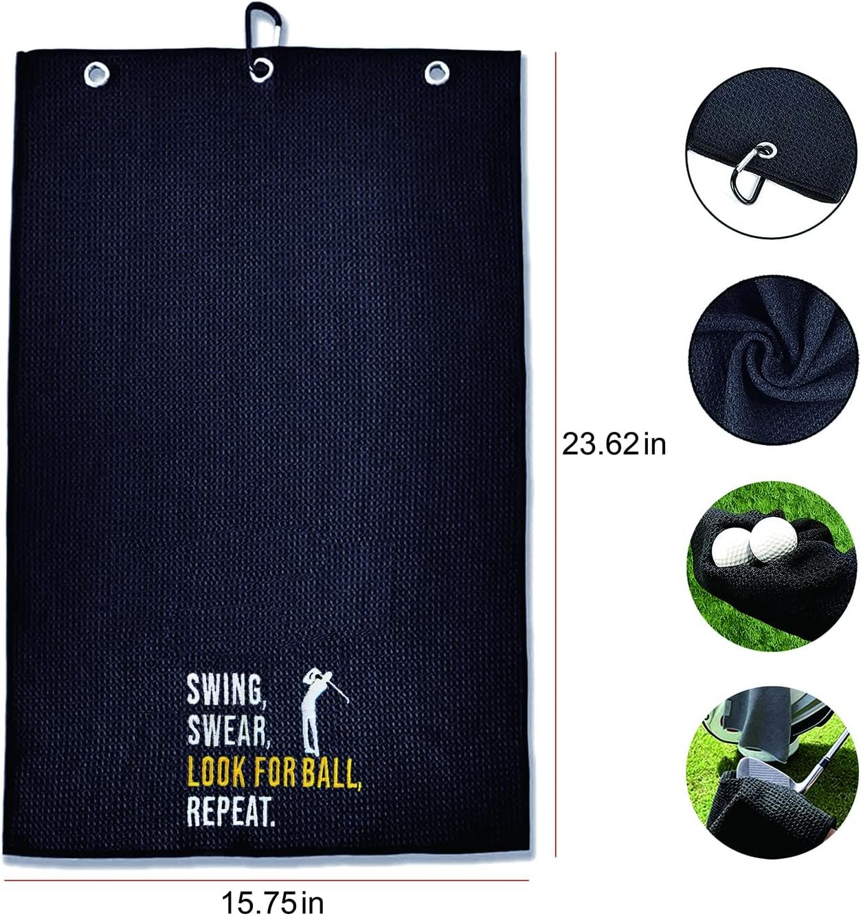 ZAKSEM Swing Swear Look for Ball Repeat Black Golf Towel, Embroidered Golf Towels for Golf Bags with Clip, Golf Towel for Women, Men, Golfer, Golf Lover, Colleague Christmas Birthday Gifts