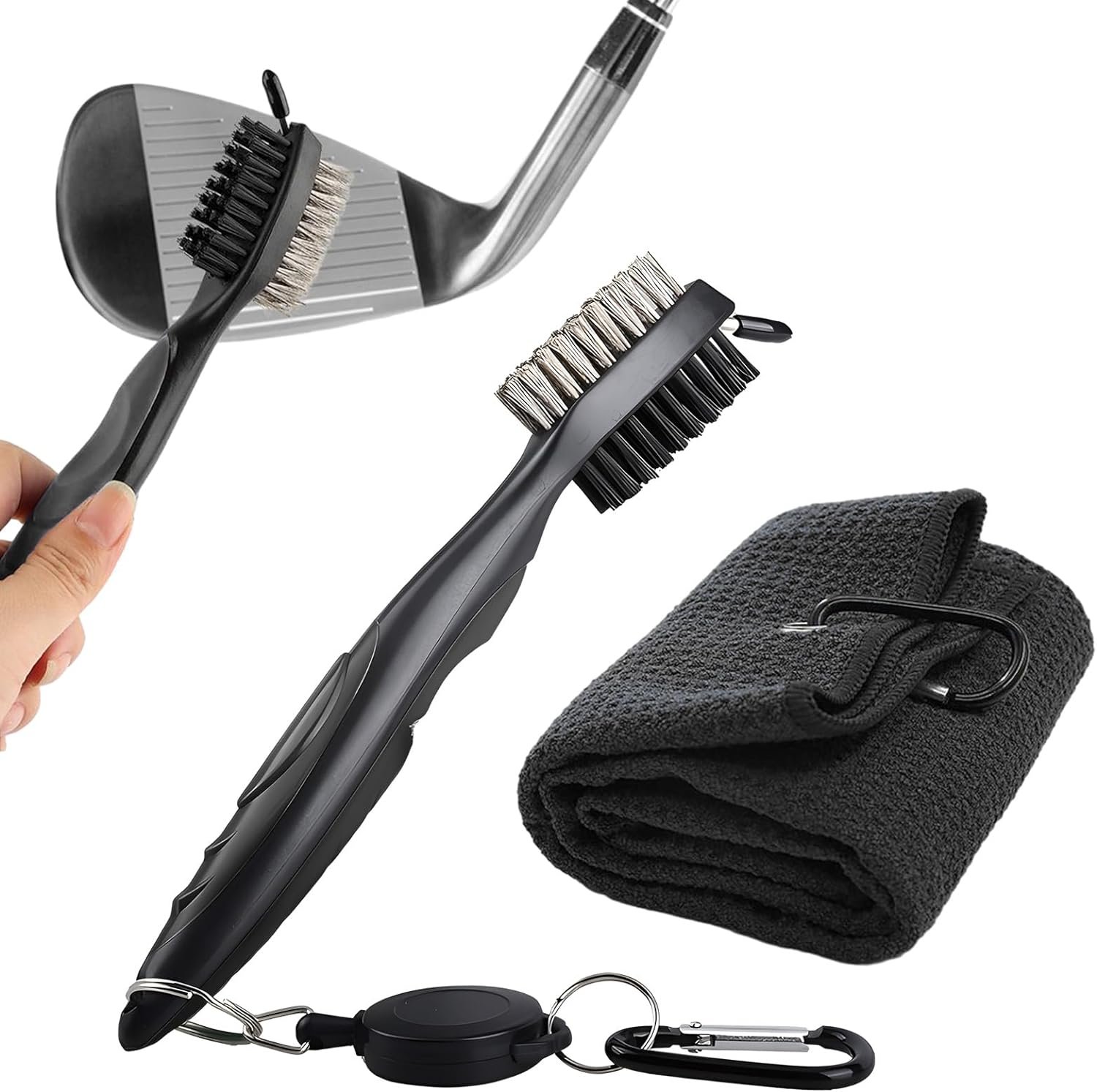 Enzyluxe Golf Club Brush and Microfibe Towel Kit, with Carabiner Clip Waffle Pattern Golf Cleaning Tool, Golf Cleaniner Set Golf Gifts for Men Women