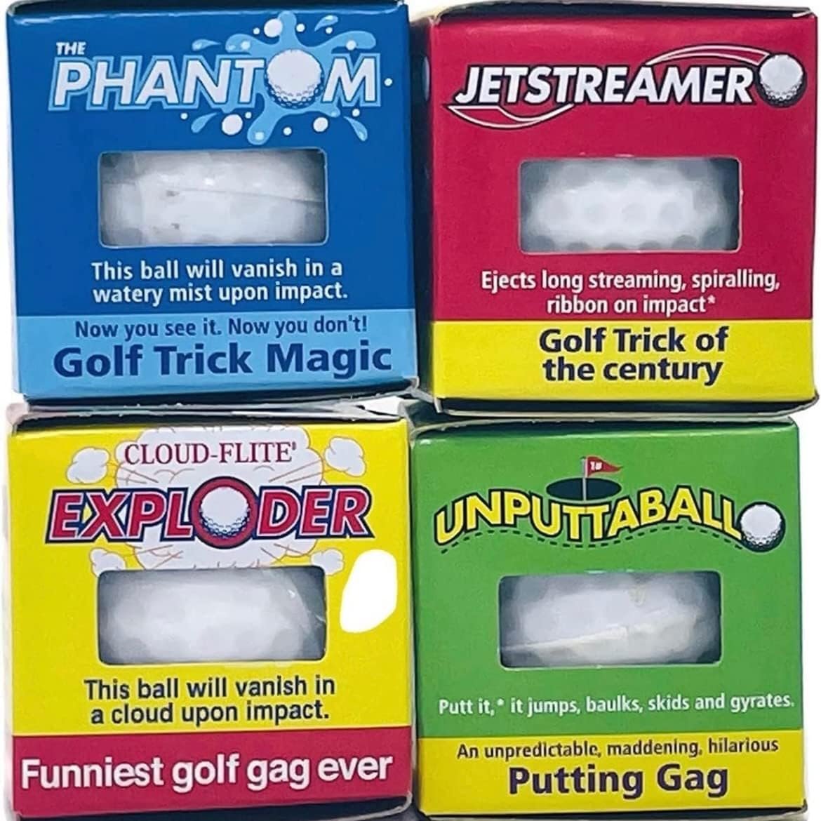 Exploding Golf Balls (4 Pack) – 1 burst into a Cloud of White Smoke, 1 Water, 1 streaming Ribbon, 1 jumps  slides when putted - funny Golf Gag Gift