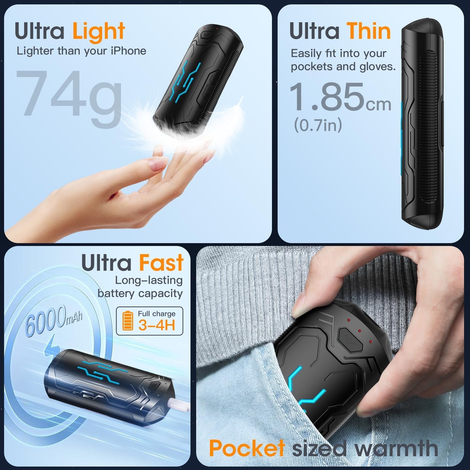 Hand Warmers Rechargeable, 2 Pack 20Hrs Long Heating Pocket Size Electric Handwarmers, Portable USB Hand Warmer Heater Therapy Great Gift for Christmas Outdoors, Hunting, Golf, Camping Men Women