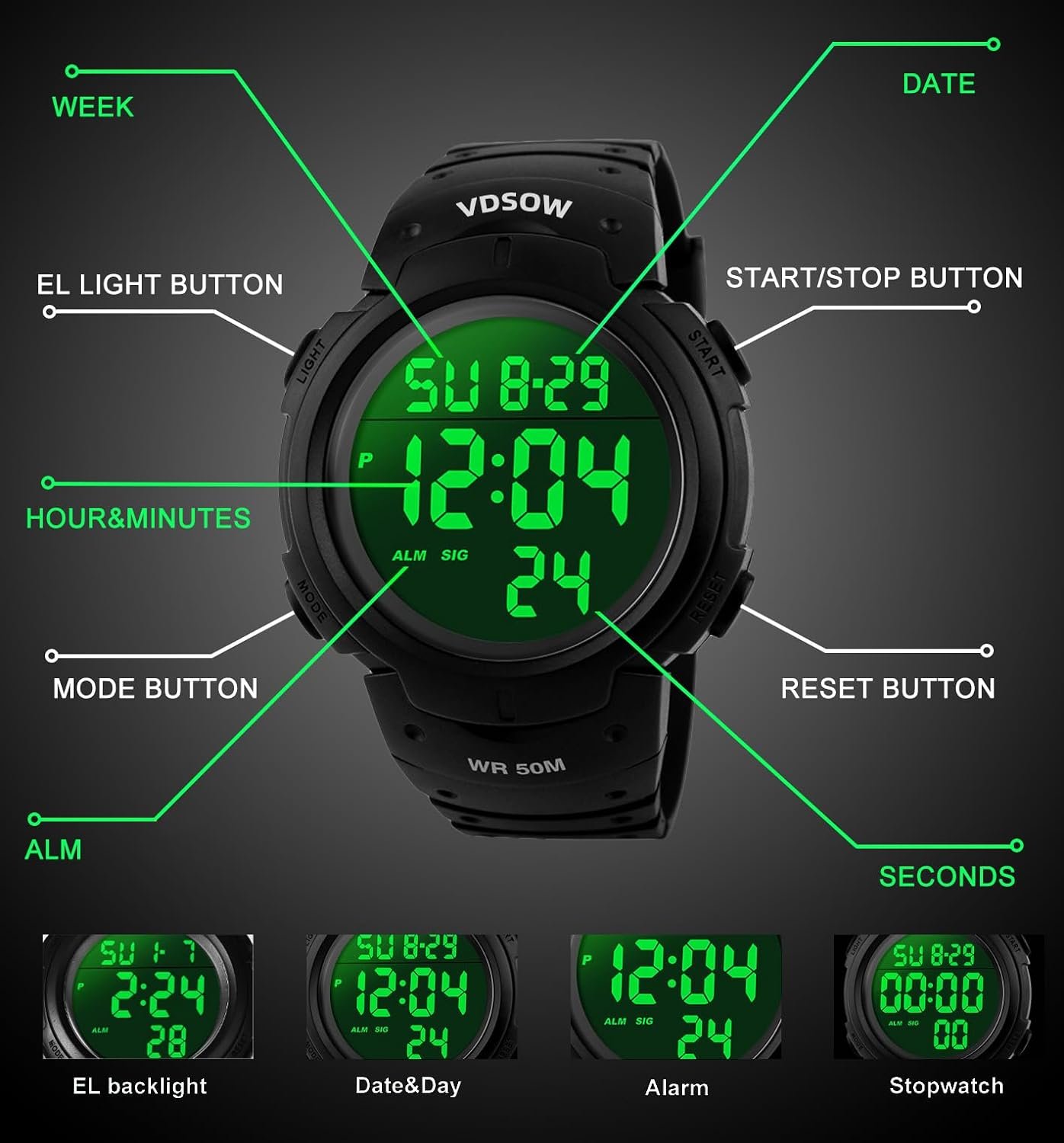 VDSOW Mens Waterproof Sport Watch with Alarm/Stopwatch, Large Wrist Military with LED Backlight, Black, S, Strap, Black, S, Strap