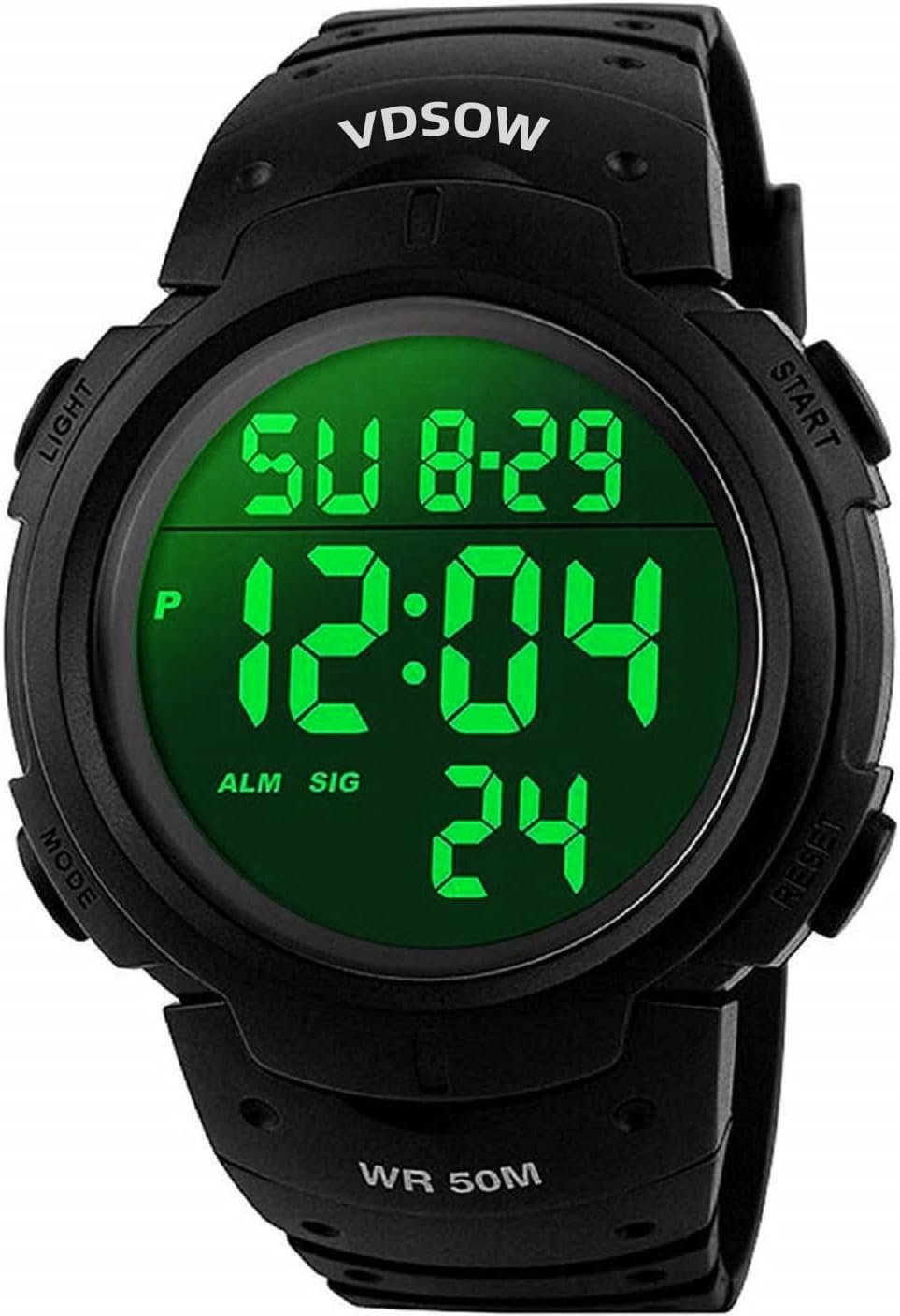 VDSOW Mens Waterproof Sport Watch with Alarm/Stopwatch, Large Wrist Military with LED Backlight, Black, S, Strap, Black, S, Strap